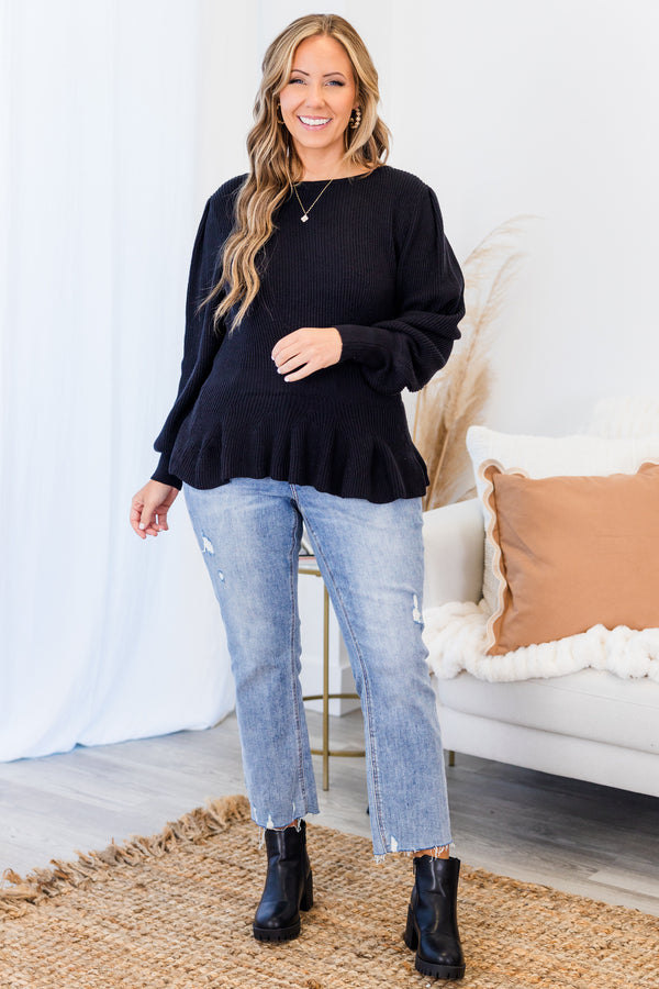 Chic Soul plus size clothing, black long sleeve ribbed knit top with round neckline and cuff sleeves with ruffle along the bottom