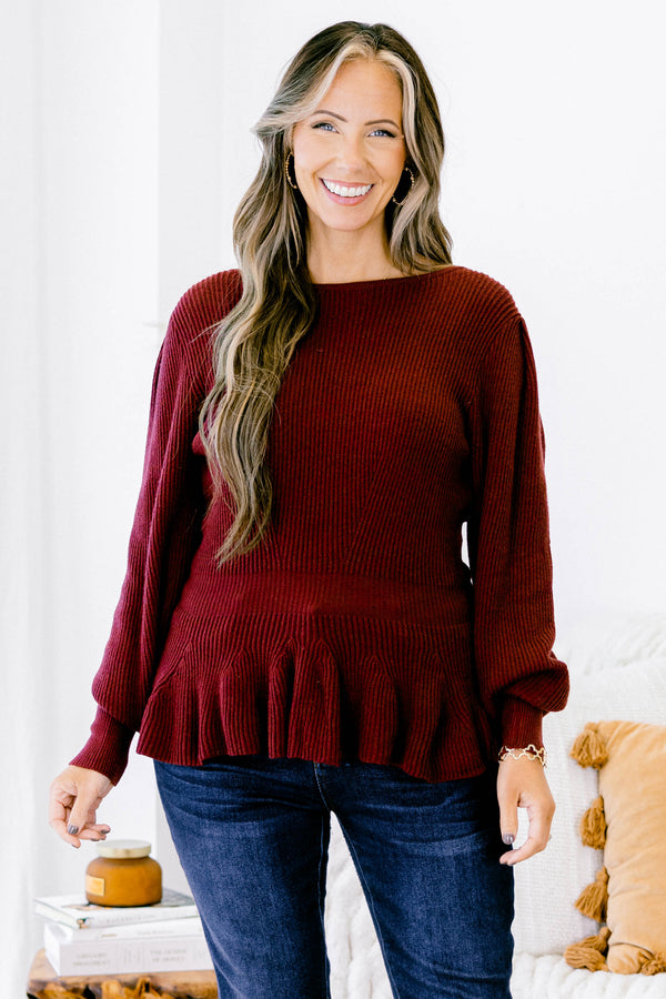 Chic Soul plus size clothing, burgundy red peplum sweater top