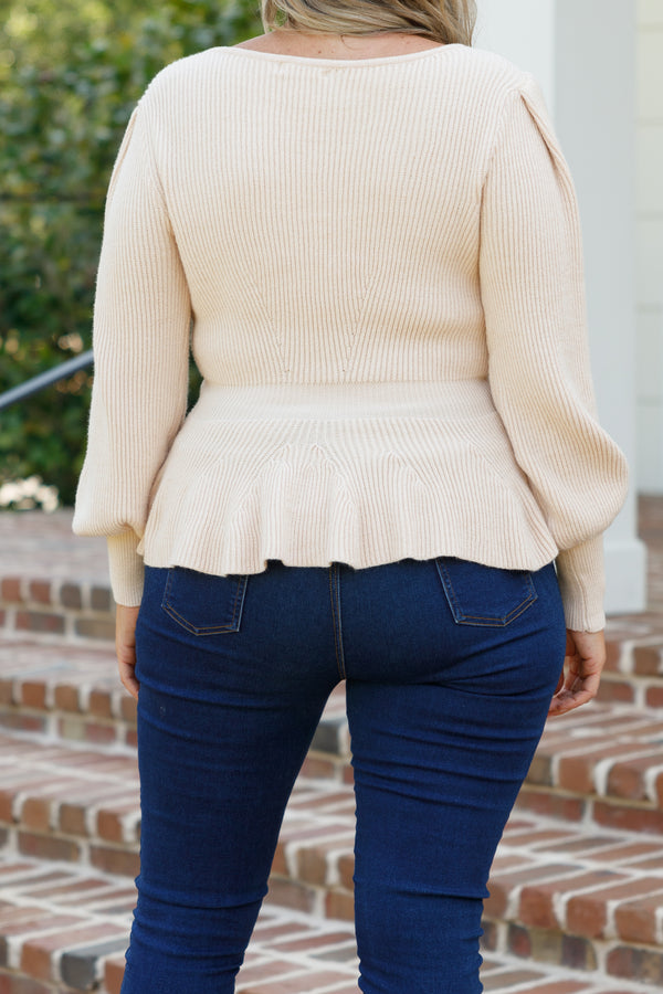 Chic Soul plus size clothing, cream knitted top with bubble sleeves and a cinched waistline