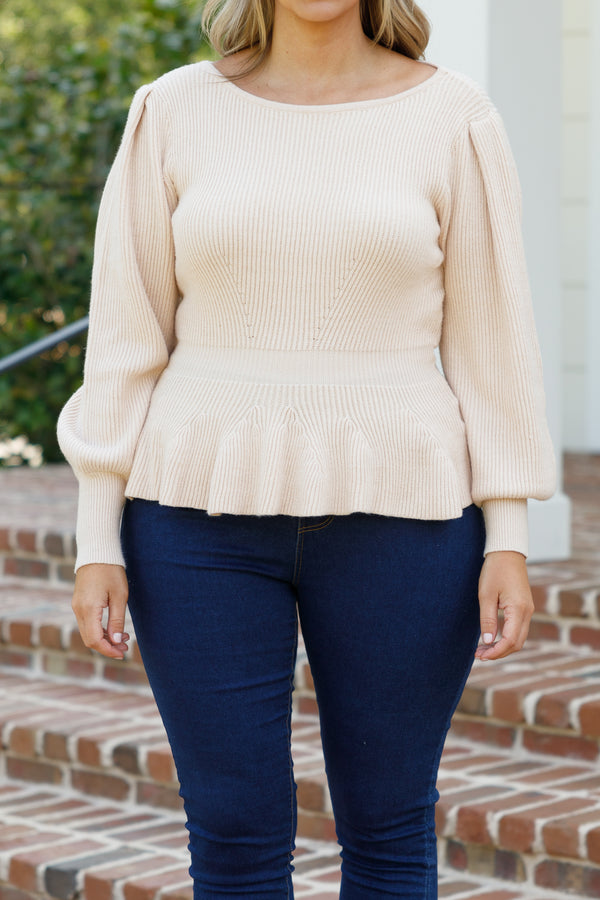 Chic Soul plus size clothing, cream knitted top with bubble sleeves and a cinched waistline