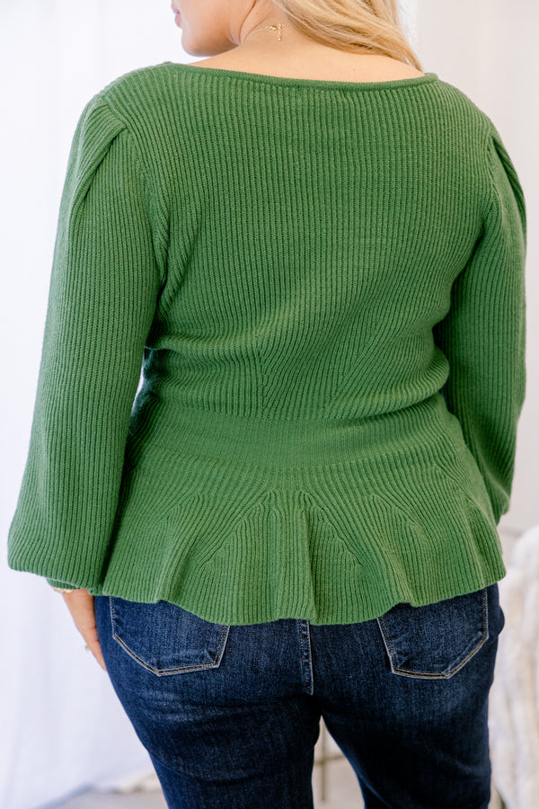 Chic Soul plus size clothing, green long sleeve peplum sweater 