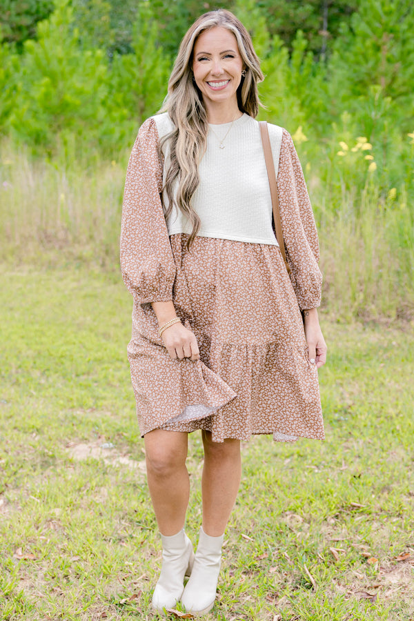 Chic Soul plus size clothing, brown and ditsy white floral long bubble sleeve short dress with white cropped knitted vest top