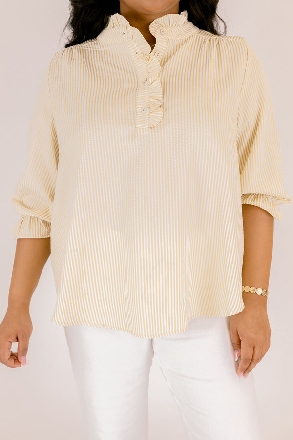 Chic Soul plus size clothing, tan striped top with half sleeves that have a ruffle on the ends of each sleeve as well as ruffle detailing along the button-up neckline