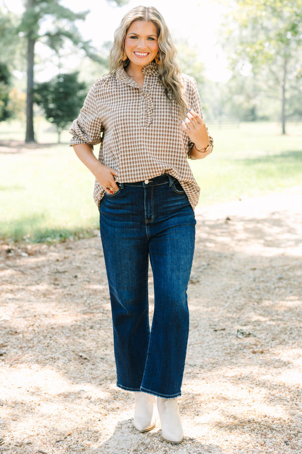 Plus Size brown and white gingham check top with a ruffled collar and button-down neckline.
