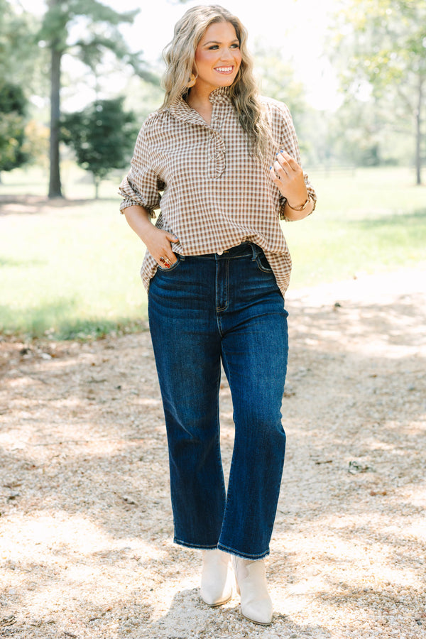 Plus Size brown and white gingham check top with a ruffled collar and button-down neckline.