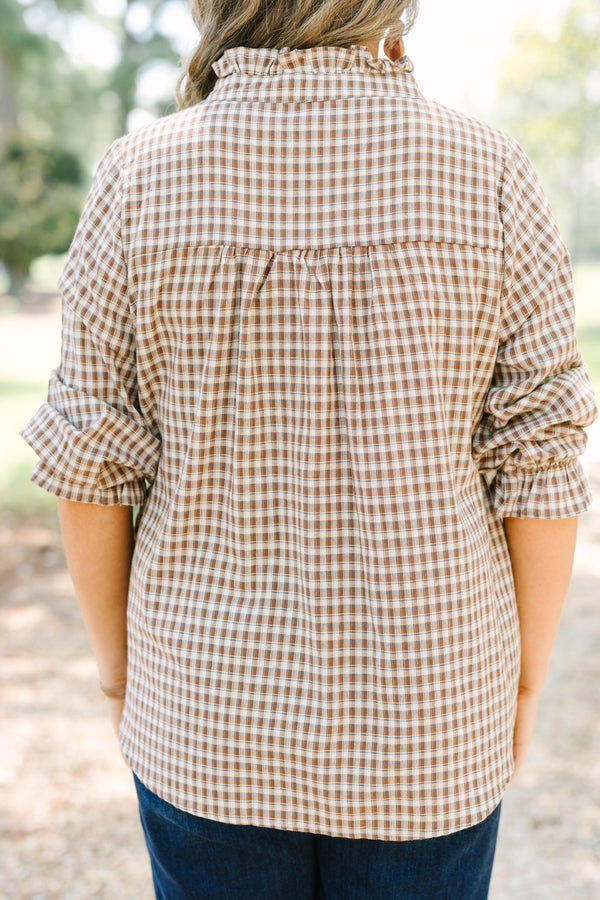 Plus Size brown and white gingham check top with a ruffled collar and button-down neckline.