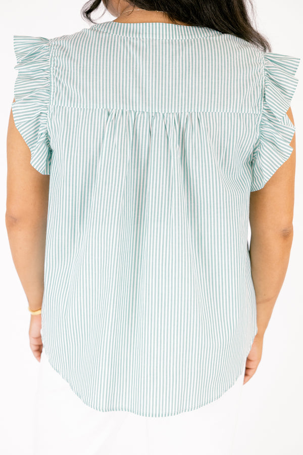 Chic Soul plus size clothing, aqua stripe top with flutter sleeves and a slight v-neckline 