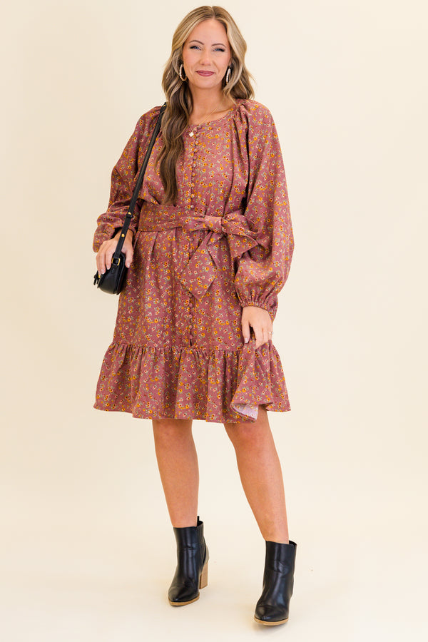 Chic Soul plus size clothing, long-balloon-sleeve mauve ruffled baby doll dress with waist tie and scoop-neckline with small button detailing along the middle and small yellow floral patter