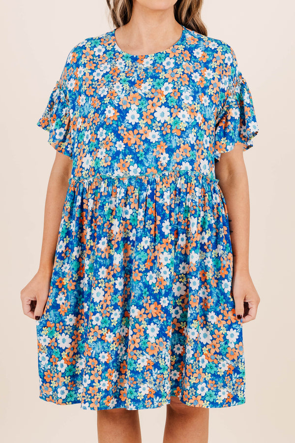 Chic Soul plus size clothing, blue floral print babydoll dress with short flowy sleeves