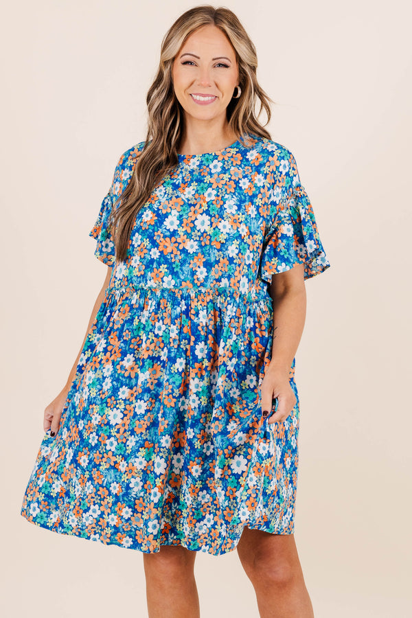 Chic Soul plus size clothing, blue floral print babydoll dress with short flowy sleeves