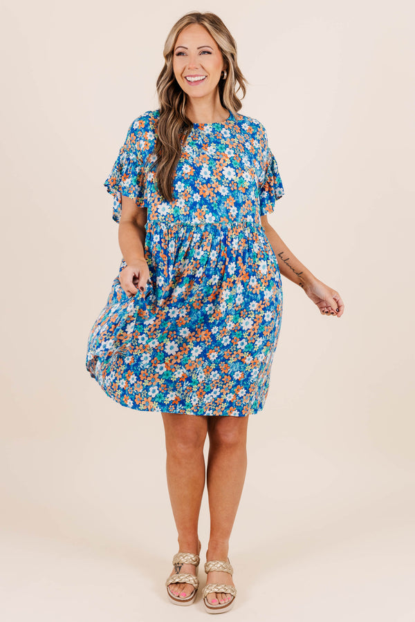Chic Soul plus size clothing, blue floral print babydoll dress with short flowy sleeves