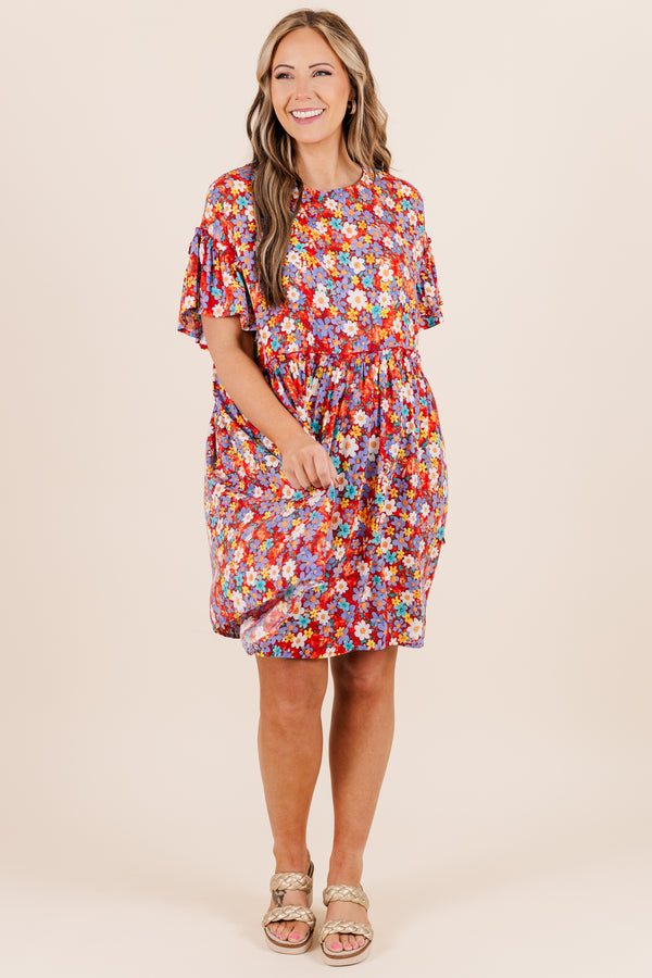 Chic Soul plus size clothing, flowy red short sleeve dress with multi-colored flowers