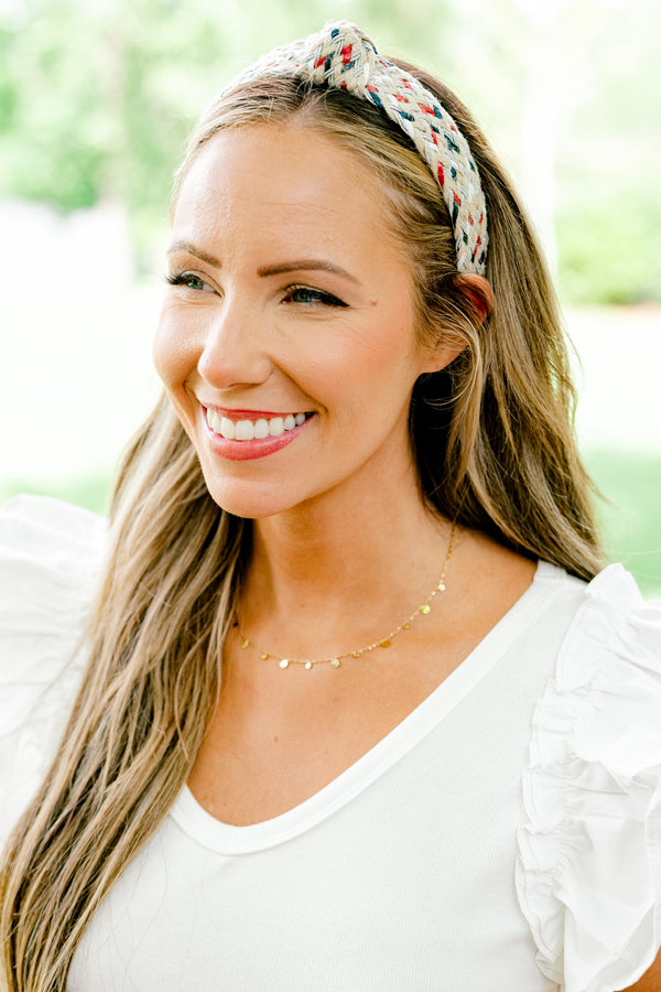 Chic Soul plus size clothing, woven multicolored red and blue and white headband with knot detail