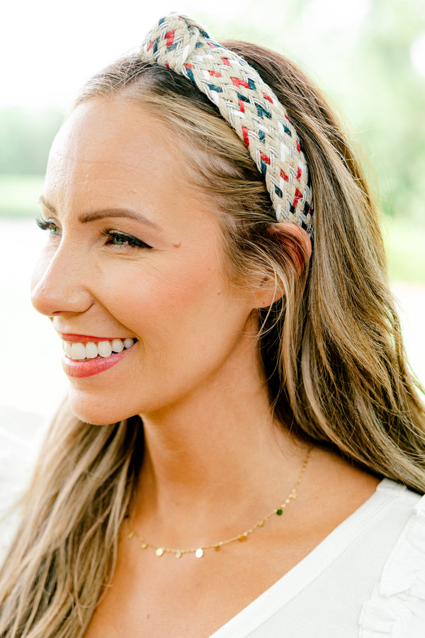 Chic Soul plus size clothing, woven multicolored red and blue and white headband with knot detail
