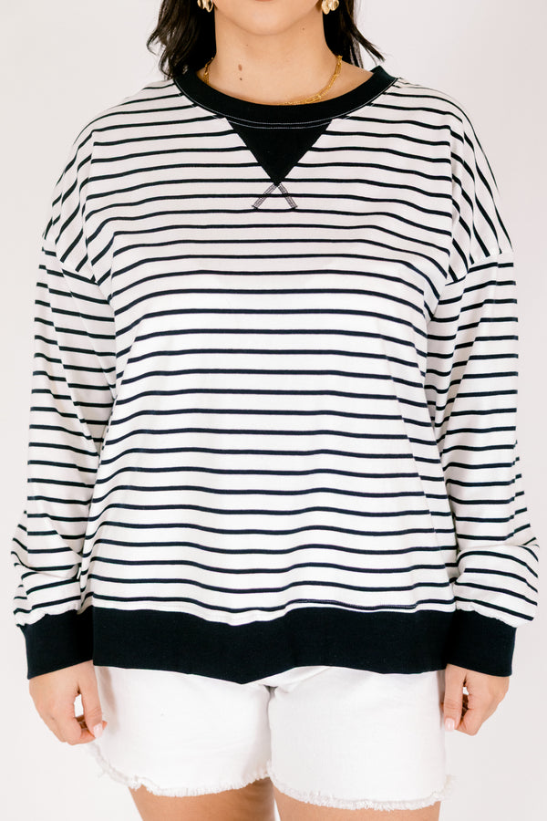 Chic Soul plus size clothing, white and black horizontal pin stripe crewneck pullover with solid black trim round the hem and sleeves