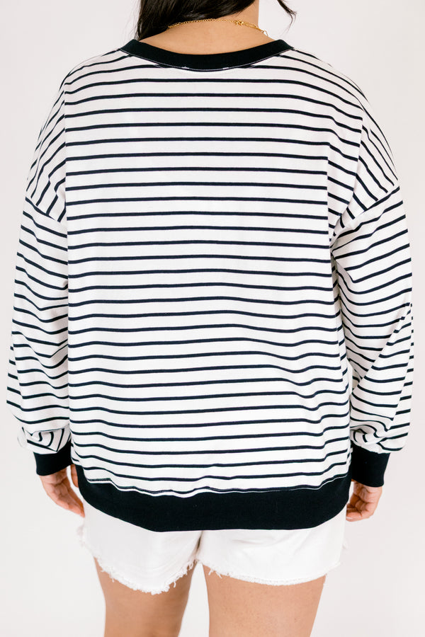 Chic Soul plus size clothing, white and black horizontal pin stripe crewneck pullover with solid black trim round the hem and sleeves