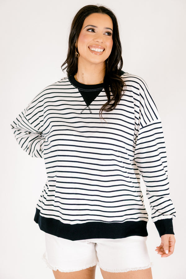 Chic Soul plus size clothing, white and black horizontal pin stripe crewneck pullover with solid black trim round the hem and sleeves