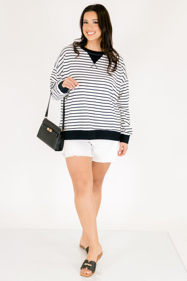 Chic Soul plus size clothing, white and black horizontal pin stripe crewneck pullover with solid black trim round the hem and sleeves