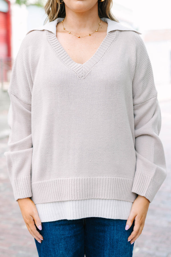 Plus Size ash mocha v-neck sweater with a faux-layered contrast collar and hem in a relaxed fit.