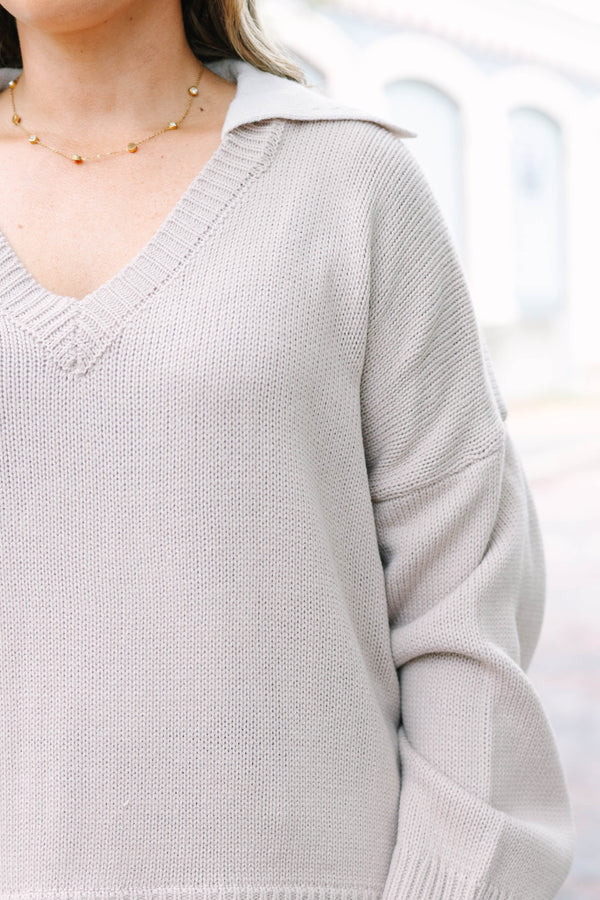 Plus Size ash mocha v-neck sweater with a faux-layered contrast collar and hem in a relaxed fit.