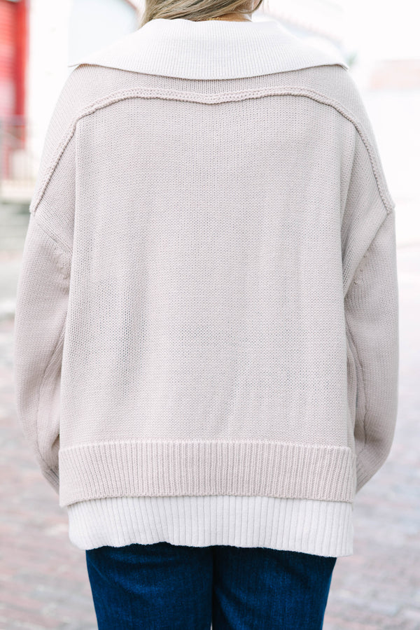 Plus Size ash mocha v-neck sweater with a faux-layered contrast collar and hem in a relaxed fit.