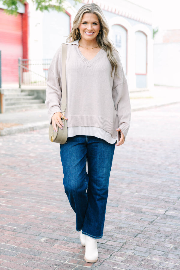 Plus Size ash mocha v-neck sweater with a faux-layered contrast collar and hem in a relaxed fit.