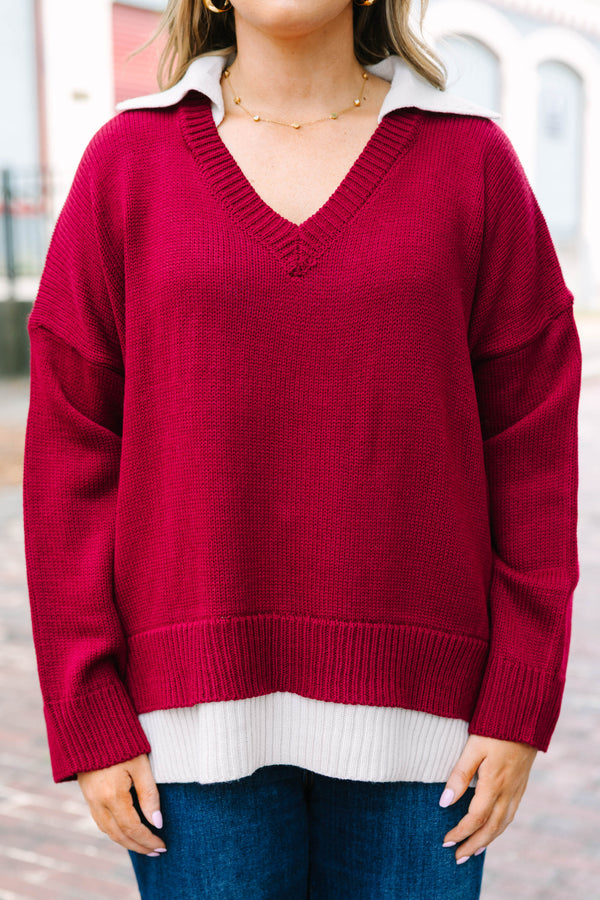 Plus Size dark burgundy v-neck sweater with a faux-layered white collar and hem in a relaxed fit.
