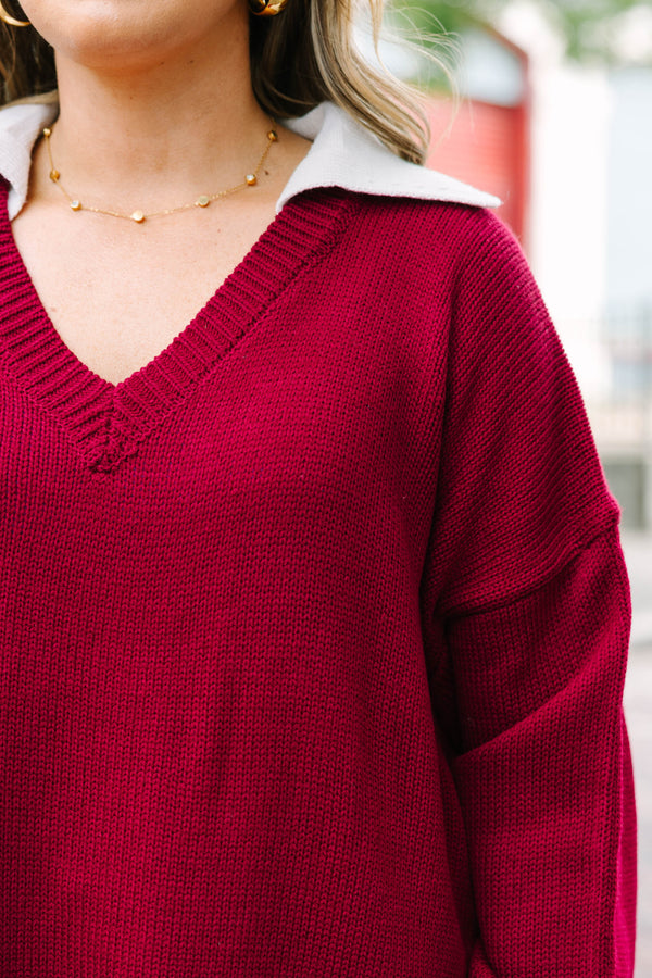 Plus Size dark burgundy v-neck sweater with a faux-layered white collar and hem in a relaxed fit.