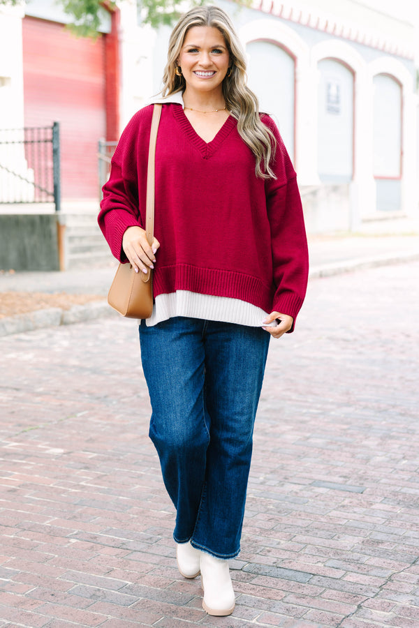 Plus Size dark burgundy v-neck sweater with a faux-layered white collar and hem in a relaxed fit.