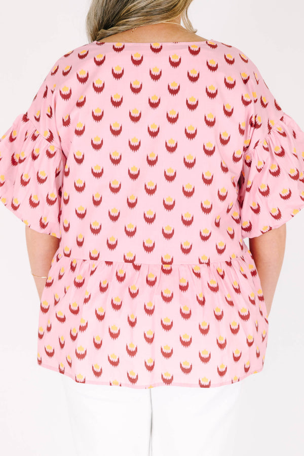Chic Soul plus size clothing, pink short sleeve baby doll blouse with button up detail down the front with v neckline with bubble sleeves with abstract yellow/fuchsia print