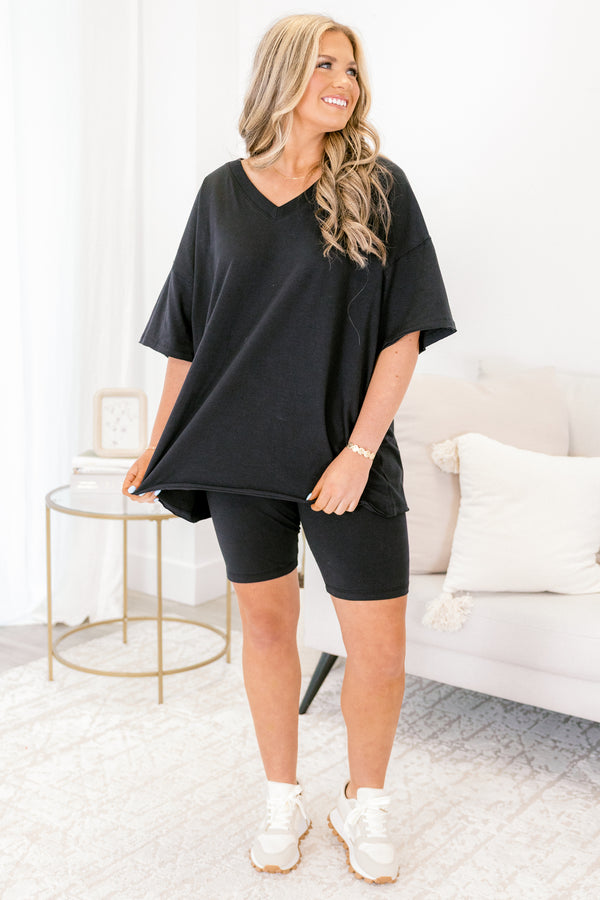 Chic Soul plus size clothing, black short sleeve v-neckline top and black biker shorts set