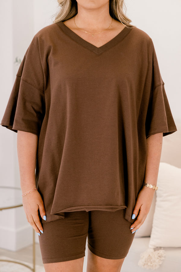 Chic Soul plus size clothing, brown short sleeve v neck tunic top and biker shorts matching set