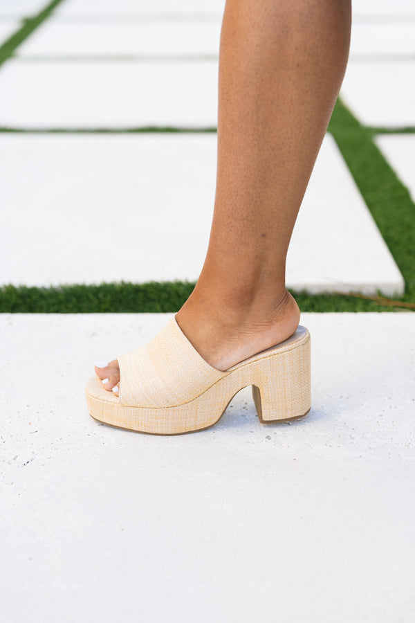 Chic Soul plus size clothing, natural tan woven peep toe block heels
