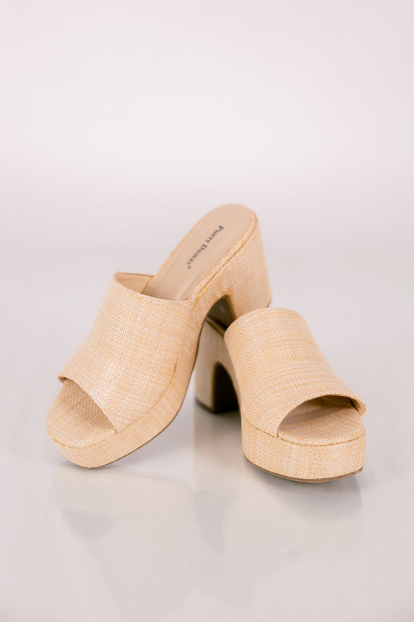 Chic Soul plus size clothing, natural tan woven peep toe block heels
