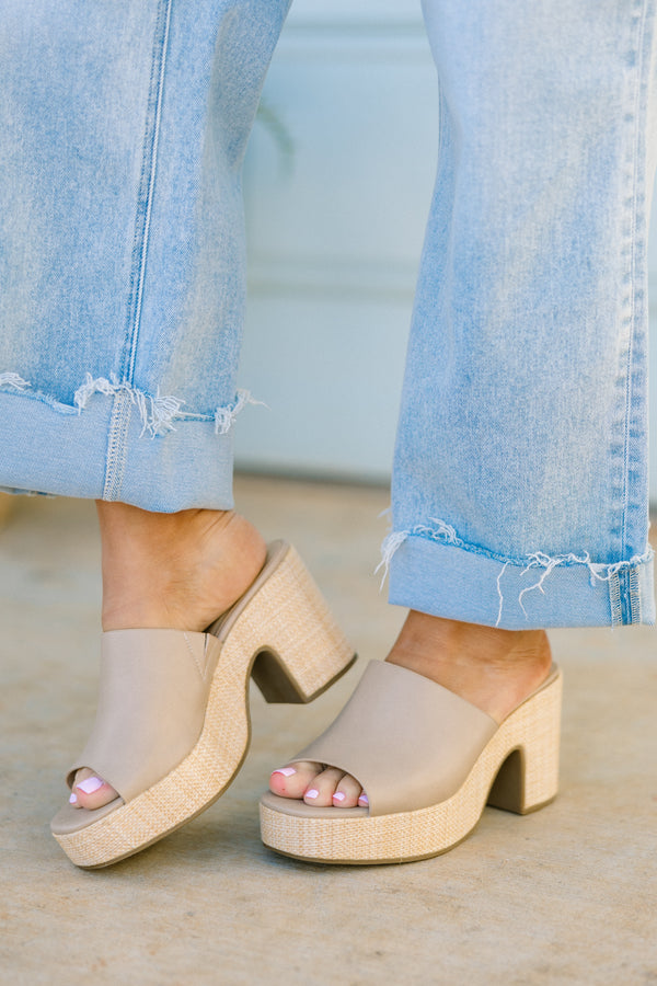 Chic Soul plus size clothing, backless nude tan chunky mule heels with an open-toe