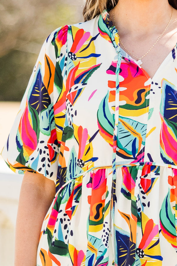 Chic Soul plus size clothing, cream tropical print top with balloon sleeves
