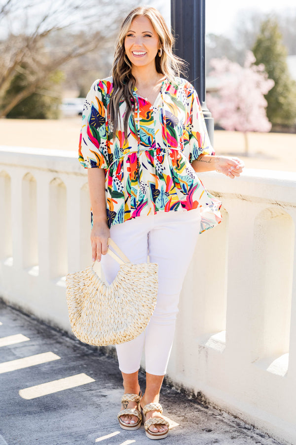 Chic Soul plus size clothing, cream tropical print top with balloon sleeves
