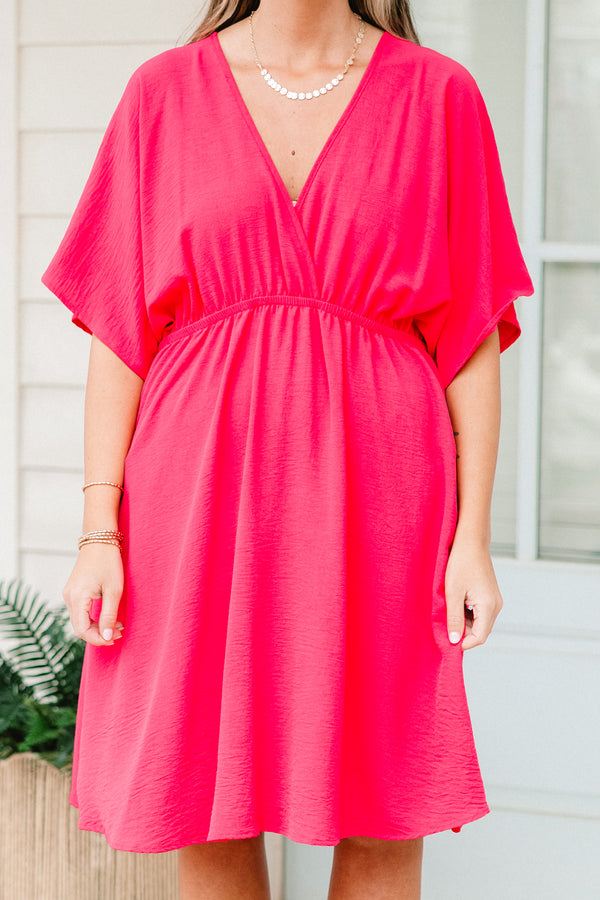 Chic Soul plus size clothing, short-sleeve fuchsia pink short flowy dress with a deep-v-neckline 