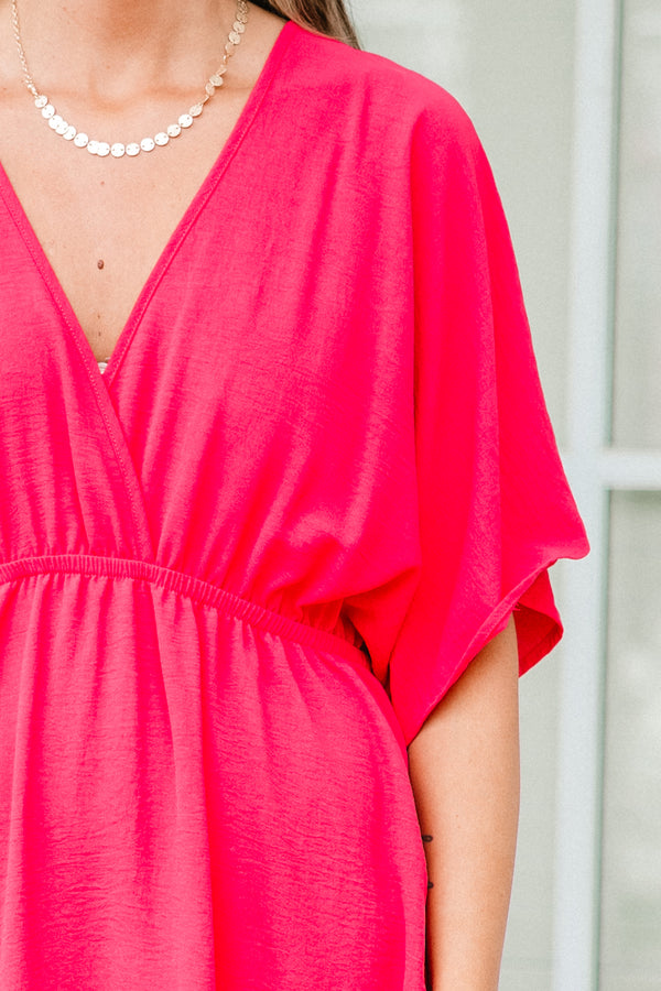 Chic Soul plus size clothing, short-sleeve fuchsia pink short flowy dress with a deep-v-neckline 