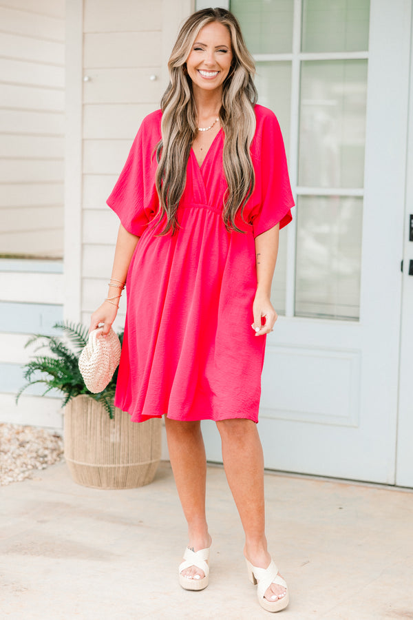 Chic Soul plus size clothing, short-sleeve fuchsia pink short flowy dress with a deep-v-neckline 