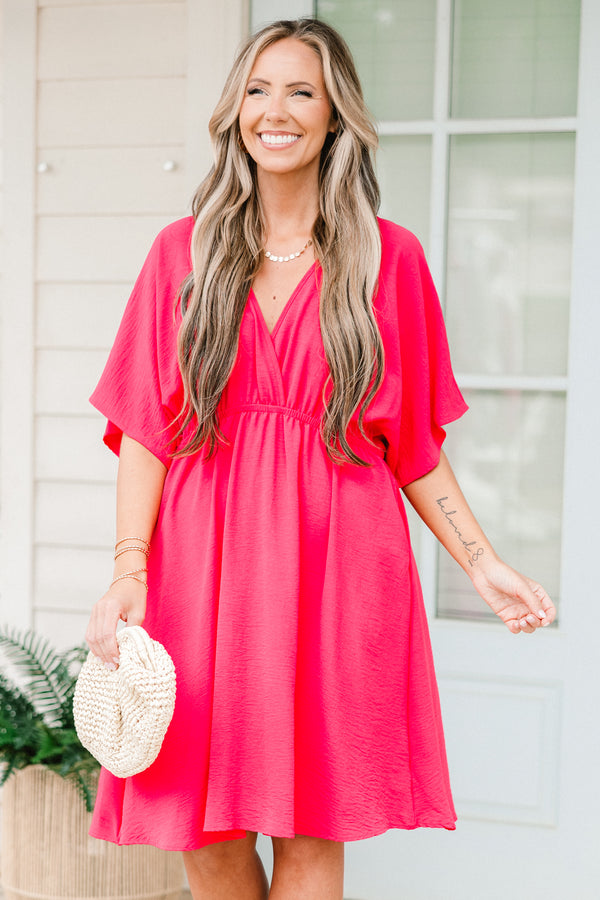 Chic Soul plus size clothing, short-sleeve fuchsia pink short flowy dress with a deep-v-neckline 
