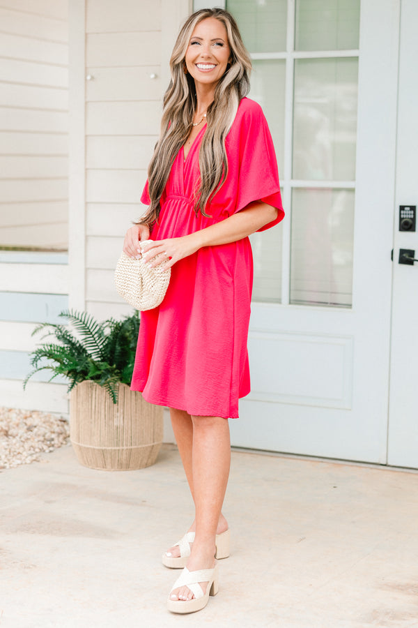 Chic Soul plus size clothing, short-sleeve fuchsia pink short flowy dress with a deep-v-neckline 