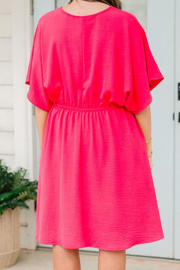 Chic Soul plus size clothing, short-sleeve fuchsia pink short flowy dress with a deep-v-neckline 