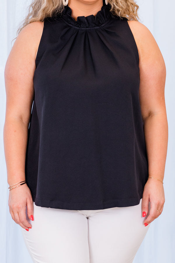 Chic Soul plus size clothing, black halter sleeveless tank top with ruffle detail along neckline and tie bow detail in the back