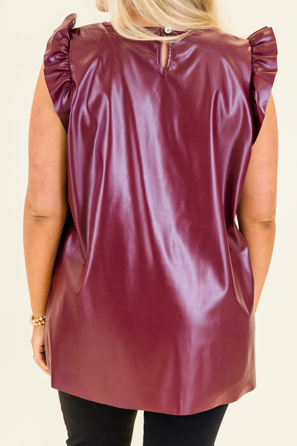 Chic Soul plus size clothing, burgundy sleeveless leather tiered ruffle top with ruffle detail on shoulders with round neckline