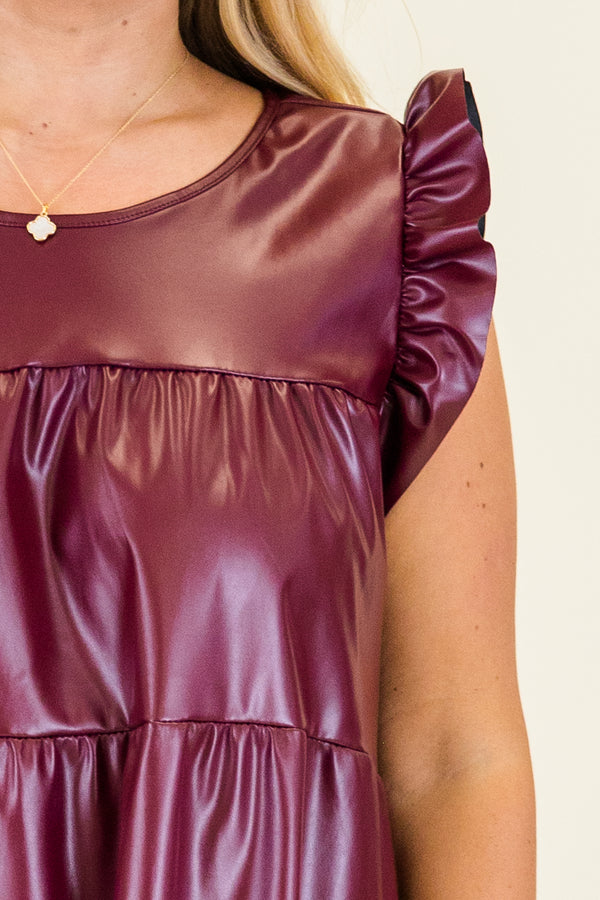 Chic Soul plus size clothing, burgundy sleeveless leather tiered ruffle top with ruffle detail on shoulders with round neckline