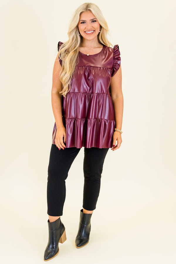 Chic Soul plus size clothing, burgundy sleeveless leather tiered ruffle top with ruffle detail on shoulders with round neckline