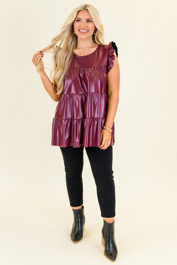 Chic Soul plus size clothing, burgundy sleeveless leather tiered ruffle top with ruffle detail on shoulders with round neckline