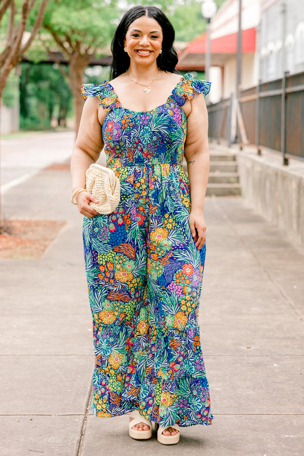 Chic Soul plus size clothing, navy sleeveless jumpsuit with tropical/floral print with square neckline and ruffle straps