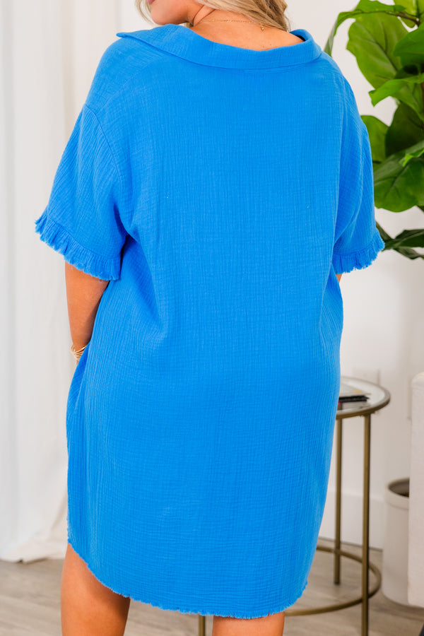 Chic Soul plus size clothing, coastal blue short sleeve linen knee length dress with button up detail and ruffle distressing on sleeves